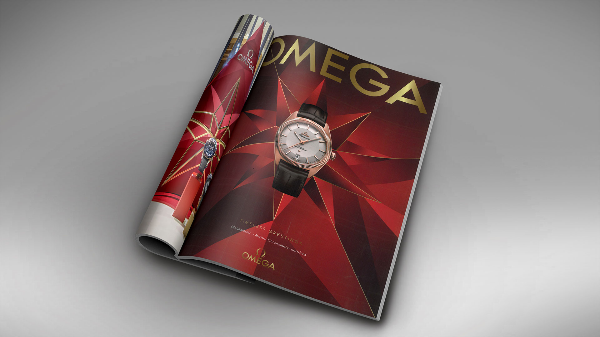 Omega-Anzeige in einem aufgeschlagenen Magazin mit rotem Stern-Design und einer luxuriösen Uhr.